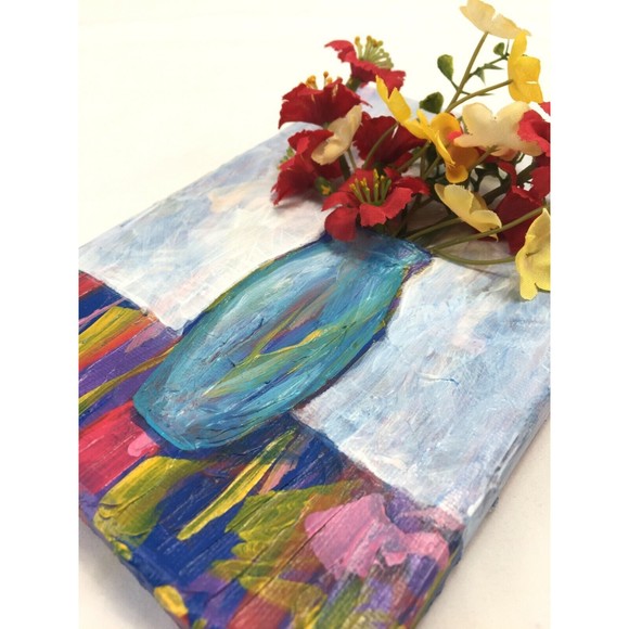 Original Art Floral Mixed Media Acrylic Painting Colorful Decor Red Yellow 7 x 5 - Picture 5 of 6